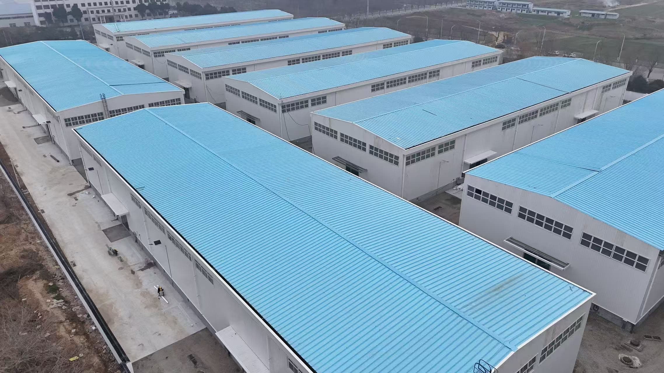 Aerial view of completed steel warehouse buildings